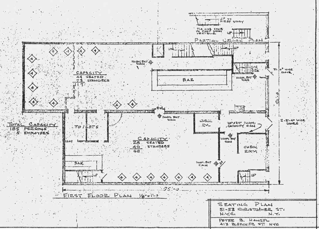 Hand drawn floor plan of the Stonewall Inn bar. Drawing shows two rooms on the first floor with a bar, seating, toilets, and stairs to an upper level.